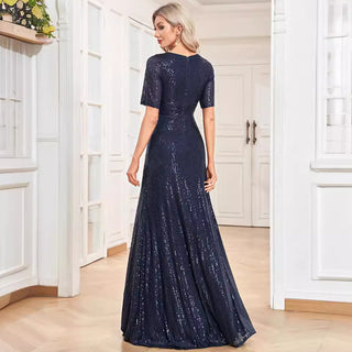 Modest Short Sleeves Women Formal Evening Gown Sequin Prom Dress