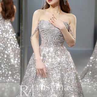 Multi Silver Sparky Sequins Off Shoulder Formal Evening Prom Dress