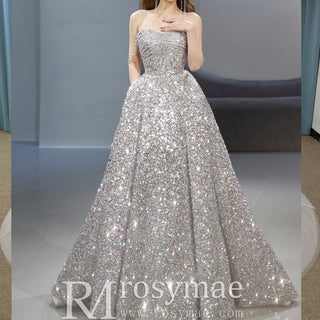 Multi Silver Sparky Sequins Off Shoulder Formal Evening Prom Dress