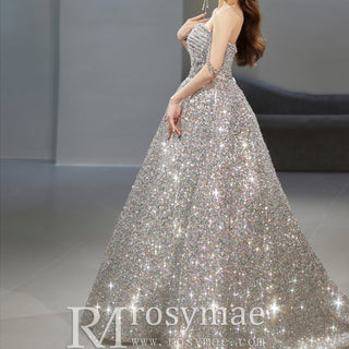 Multi Silver Sparky Sequins Off Shoulder Formal Evening Prom Dress