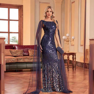 Navy Blue Capped Sleeves Evening Party Dress Backless Prom Dress