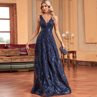 Luxury V-Neck Sequins Evening Gown Women Elegant Prom Maxi Dress