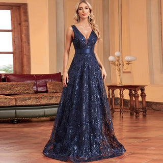 Luxury V-Neck Sequins Evening Gown Women Elegant Prom Maxi Dress