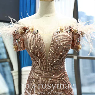 Sparkly Sequin Mermaid Prom Dress Brown Feather Pageant Gown