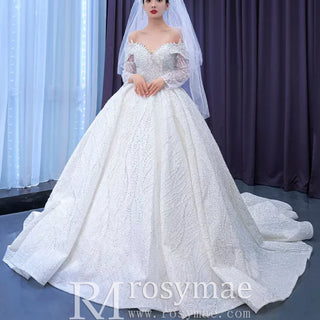 Luxury Beaded Ball Gown Wedding Dress with Off the Shoulder Long Sleeves