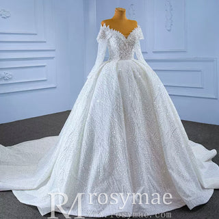 Luxury Beaded Ball Gown Wedding Dress with Off the Shoulder Long Sleeves