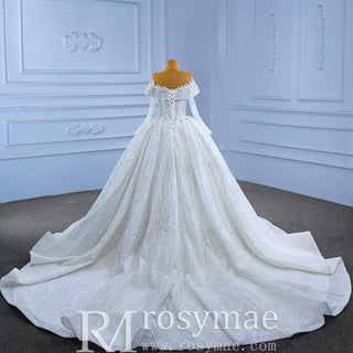 Luxury Beaded Ball Gown Wedding Dress with Off the Shoulder Long Sleeves