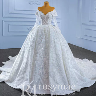 Luxury Beaded Ball Gown Wedding Dress with Off the Shoulder Long Sleeves