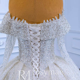 Luxury Beaded Ball Gown Wedding Dress with Off the Shoulder Long Sleeves