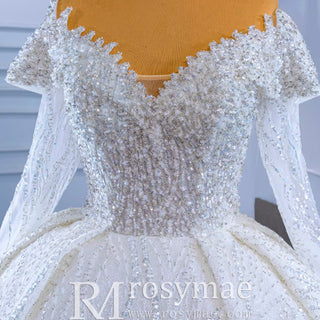 Luxury Beaded Ball Gown Wedding Dress with Off the Shoulder Long Sleeves