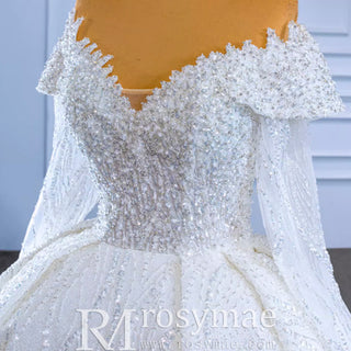 Luxury Beaded Ball Gown Wedding Dress with Off the Shoulder Long Sleeves