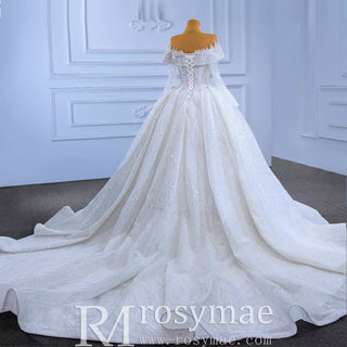 Luxury Beaded Ball Gown Wedding Dress with Off the Shoulder Long Sleeves