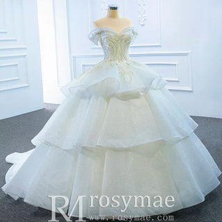 Vintage Off the Shoulder Tiered Ball Gown Wedding Dress