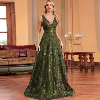 Luxury V-Neck Sequins Evening Gown Women Elegant Prom Maxi Dress