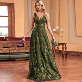 Luxury V-Neck Sequins Evening Gown Women Elegant Prom Maxi Dress