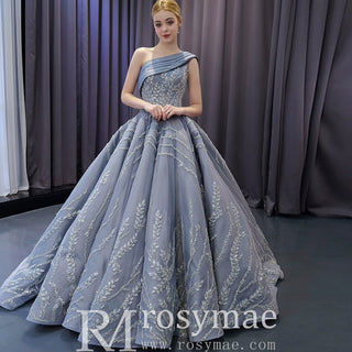 Unique Gray Ball Gown Formal Gown Prom Dress with One Shoulder