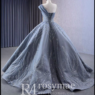 Unique Gray Ball Gown Formal Gown Prom Dress with One Shoulder