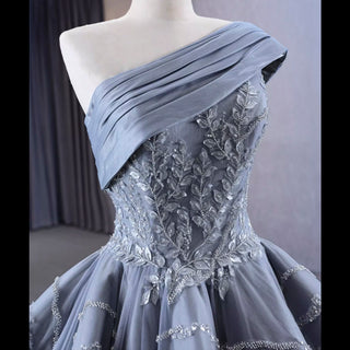 Unique Gray Ball Gown Formal Gown Prom Dress with One Shoulder