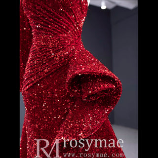 Mermaid Sequins One Shoulder Long Sleeve Ruffle Prom Dress