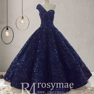 One Shoulder Puffy Skirt Sparkly Quinceanera Dresses