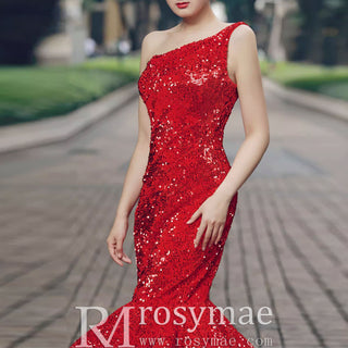 Women's Red Sequin Mermaid Prom Dresses with One Shoulder