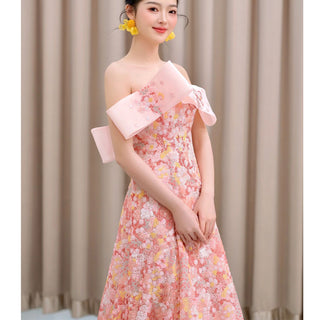Strapless Pink Floral Formal Evening Dress A-line Prom Dress