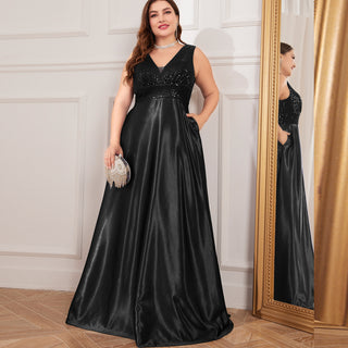 Long Maxi Dress Formal Prom Gown With V-Neckline And Pockets