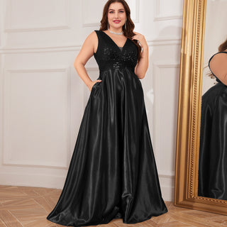 Long Maxi Dress Formal Prom Gown With V-Neckline And Pockets