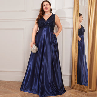 Long Maxi Dress Formal Prom Gown With V-Neckline And Pockets