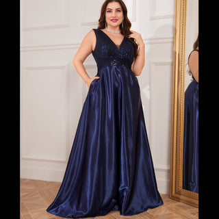 Long Maxi Dress Formal Prom Gown With V-Neckline And Pockets