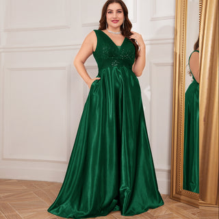 Long Maxi Dress Formal Prom Gown With V-Neckline And Pockets