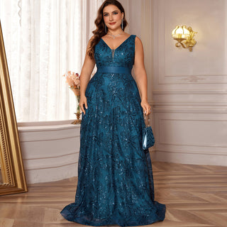 Luxury V-Neck Sequins Evening Gown Women Elegant Prom Maxi Dress