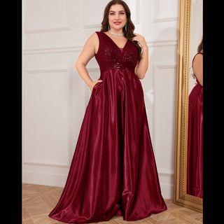 Long Maxi Dress Formal Prom Gown With V-Neckline And Pockets