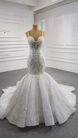 Elegant Mermaid Wedding Dress Beading Pearls with Spaghetti Straps