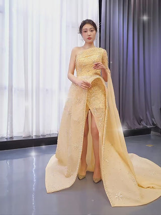 Gold Leg Slit Evening Dress One-Shoulder Long Sleeve
