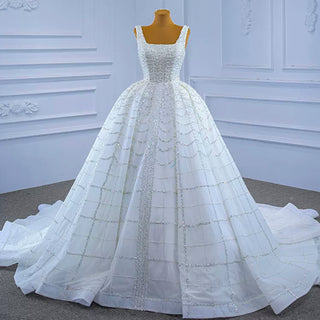 Square Neck Beaded Luxury Ball Gown Puffy Wedding Dress