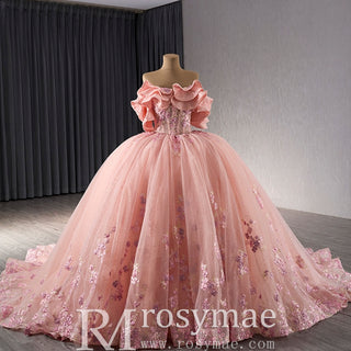 Luxury Beaded Pearl Quinceanera Dress Formal Gown with Detachable Sleeve