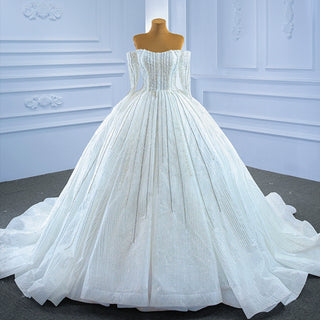 Beaded Pearl Off Shoulder Ball Gown Wedding Dress with Long Sleeve