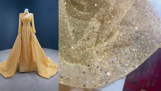 Long Sleeve Sparkly Gold Sequins Evening Dress Mock Neck Prom Gown