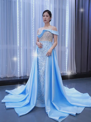 High-end Pool Blue Beading Pearl Sequins Prom Dresses