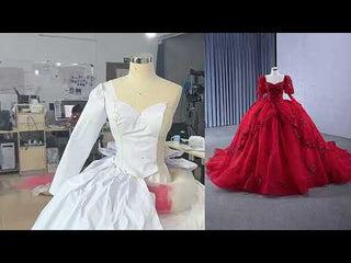 Vintage Luxury Red Wedding Dress Sparkly Lantern Long Sleeve Ball Gown