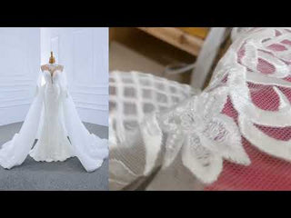 Long Sleeve Bead Pearl  High Neck Wedding Dress with Detachable Skirt