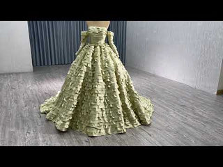 Pleated Olive Wedding Dress Detachable Long Sleeve Formal Gown