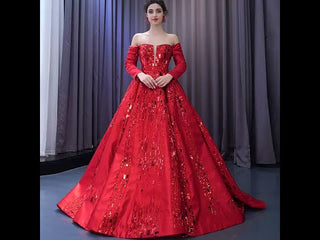 Red Off the Shoulder Sequin Quinceanera Dress Long Sleeve Formal Gown