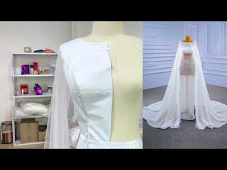 Luxury Beaded Cape Sleeve Sheath Wedding Dress with Feather