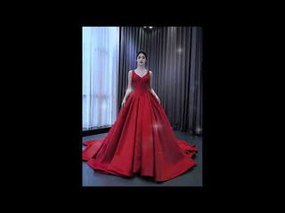 Ball Gown Satin Red Wedding Dress Formal Prom Gown with Double V