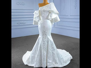 Vintage Satin Mermaid One Shoulder Wedding Dress with Ruffle Sleeves