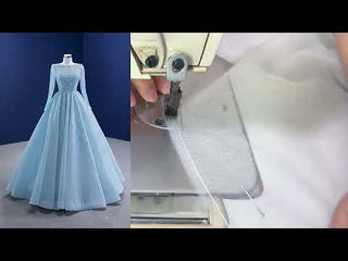 Beaded Baby Blue A-line Prom Dress Formal Gown with Long Sleeves