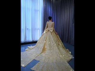 Luxury Long Sleeve Gold Ball Gown Puffy Skirt Big Wedding Dress with Bow