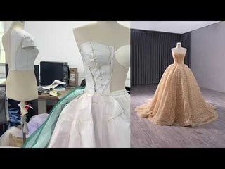 Champagne Gold Beaded Floral Lace Wedding Gown Quinceanera Dress